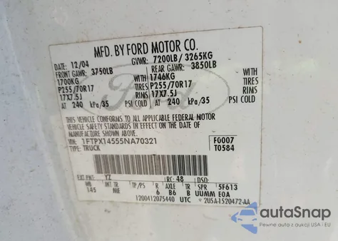 2005 Ford F-150 Fx4/Lariat/Xl/Xlt z USA, uszkodzony, nr VIN 1FTPX14555NA70321